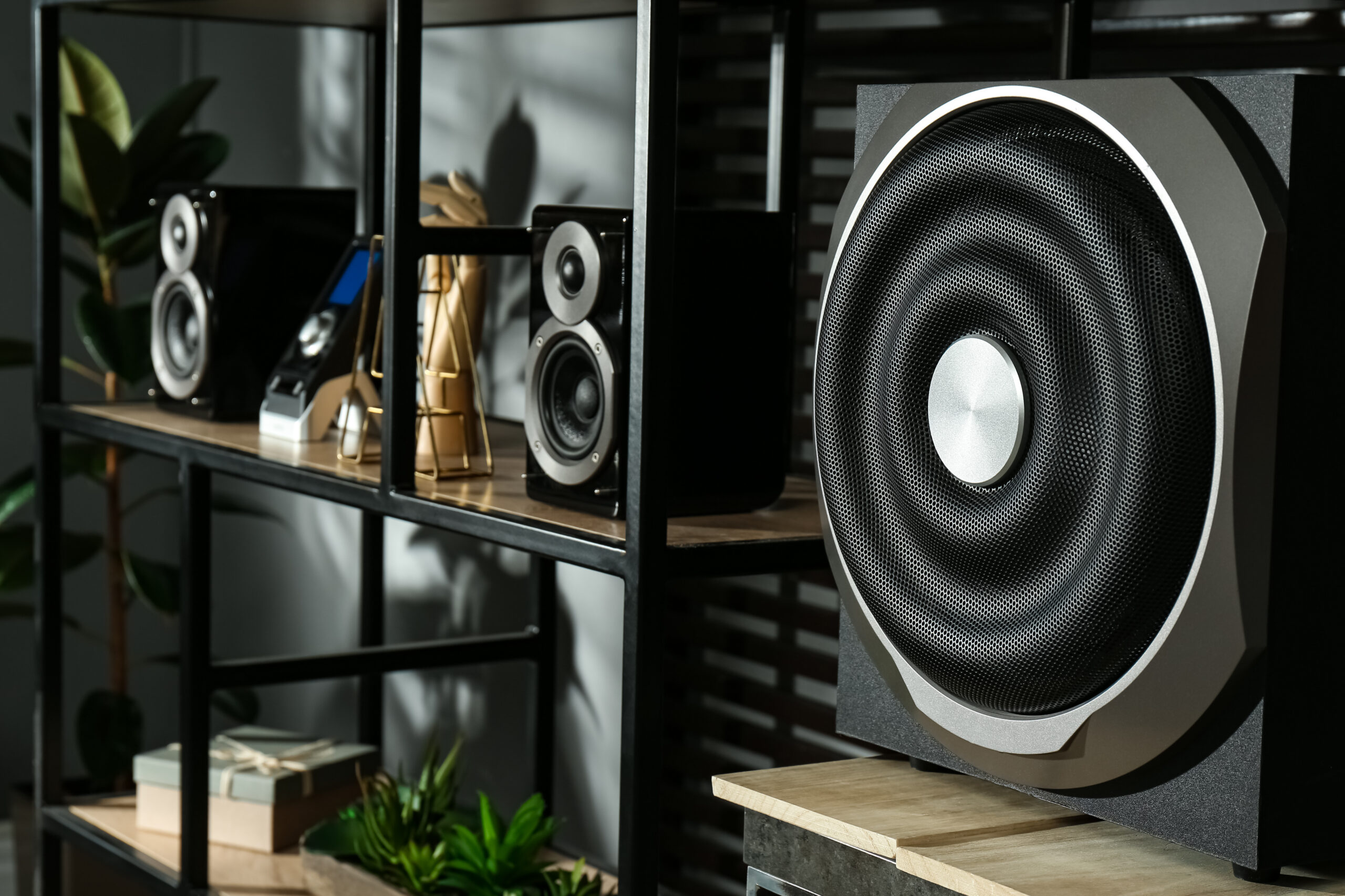 Phân Biệt Loa Full-Range, Subwoofer, Monitor: Chọn Đúng Loa Cho Dàn Âm Thanh 1 modern powerful audio speaker system shelving indoors scaled