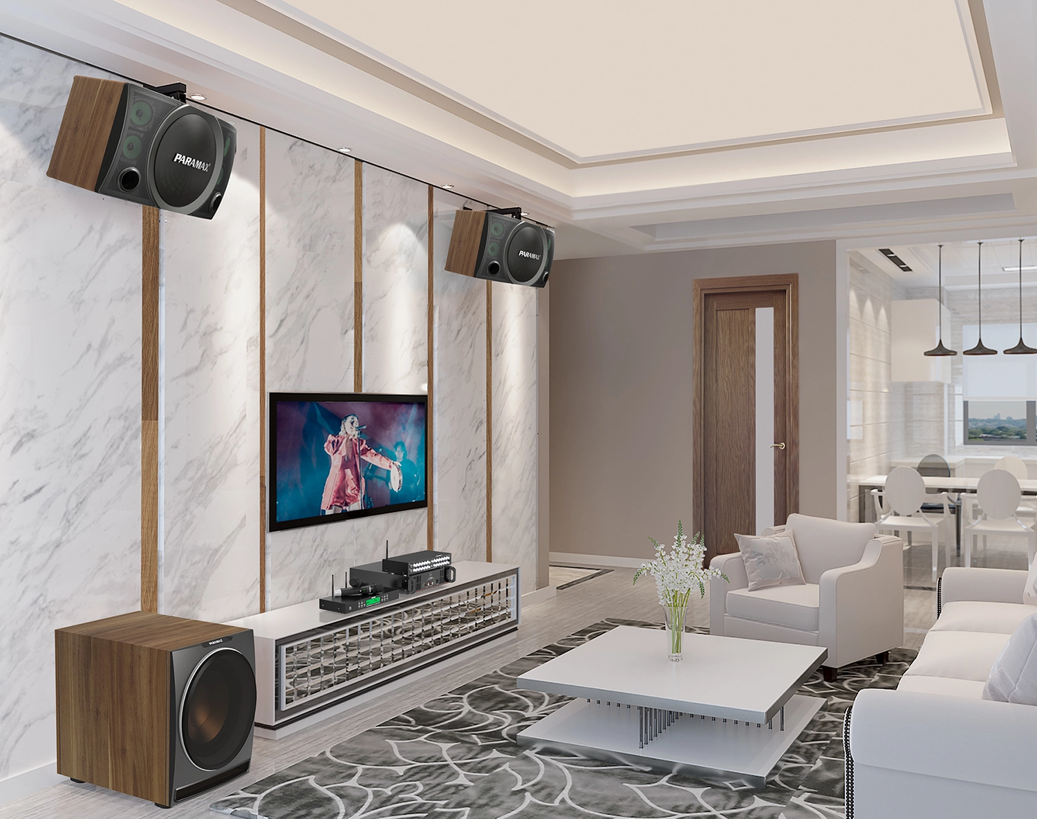7 Mẹo Đặt Loa Chuẩn Vị Trí & Tối Ưu Âm Thanh Không Gian Hoàn Hảo 1 Modern living room with audio setup